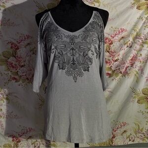Elegant Gray Embellished Women's Top. Size L.